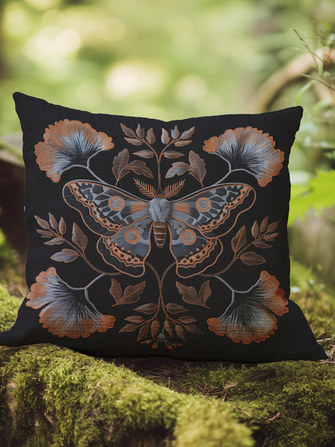 A square decorative pillow featuring an intricately detailed Luna moth in copper, terra cotta and slate blue colors on a black background. The moth is centered in a symmetrical arrangement with ginkgo-inspired leaves and botanical elements surrounding it.